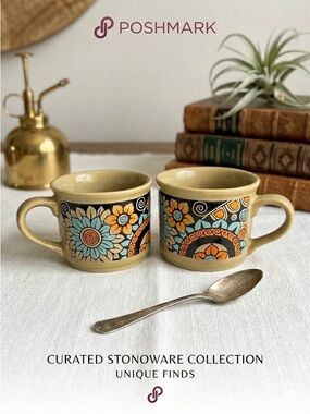 MCM Vintage Sadler England Stoneware Mugs - Set of 2 Retro 70s Floral Boho